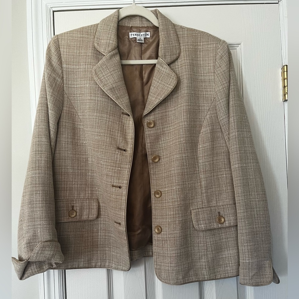 Pendleton Women’s Blazer Tweed Sport Coat Wool Blend Tan and White 12